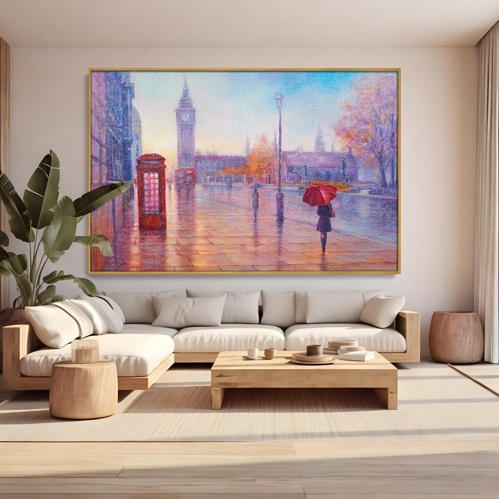 Tablou canvas cu pictura stradala cu ploaie in londra, in rama de aluminiu auriu, pe perete intr-un living